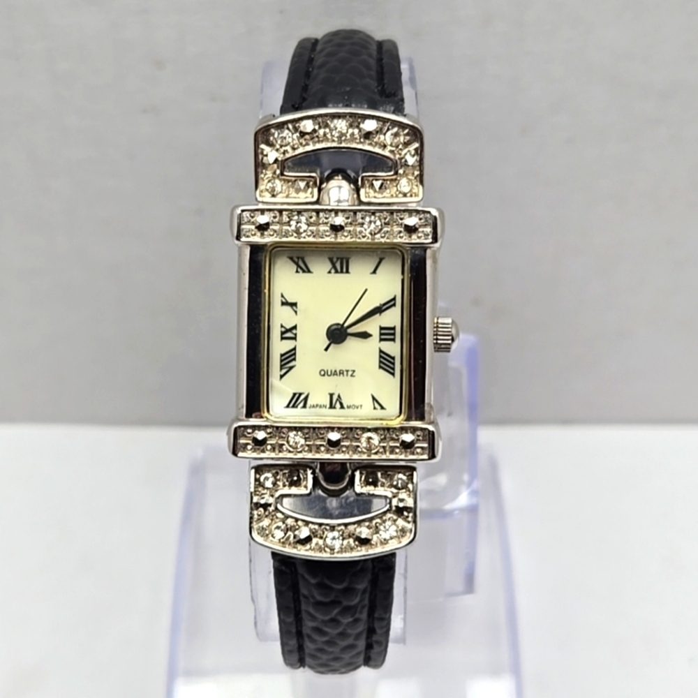 Vintag Avon Watch Women Silver Tone MOP Tank Marcasite Pave Black New Battery